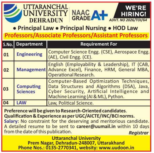 Uttaranchal University Dehradun Recruitment 2026