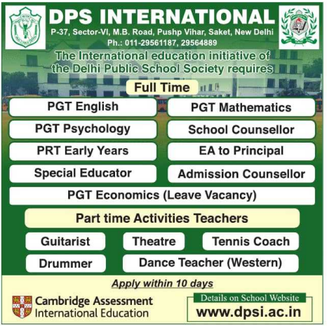 DPS International Saket Recruitment 2026