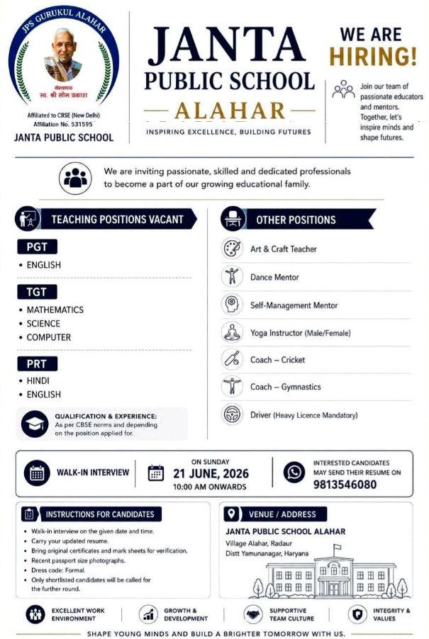 PRT and Mentor Vacancies at Janta Public School Alahar Yamunanagar 2026