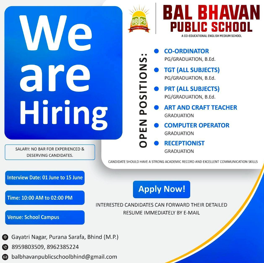 Coordinator and Staff Vacancies at Bal Bhavan Public School Bhind 2026