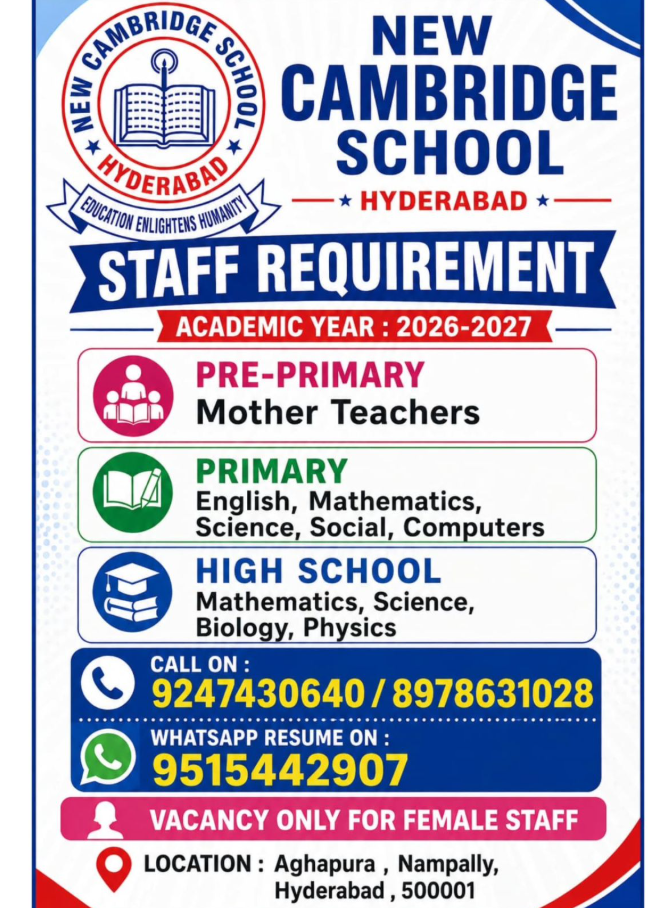 Mother Teachers Primary and High School Vacancies at New Cambridge School Hyderabad 2026