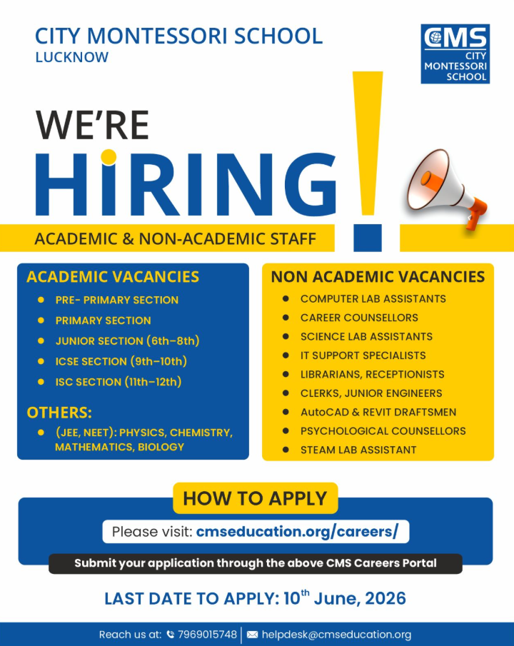 Academic and Non-Academic Staff Vacancies at City Montessori School Lucknow 2026