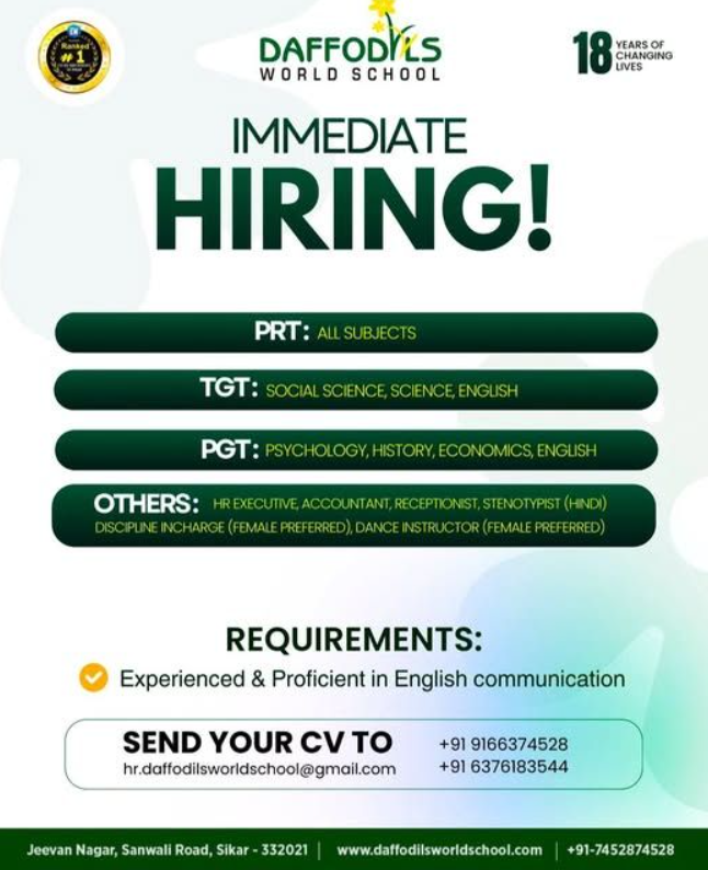 PGT and Staff Vacancies at Daffodils World School Sikar 2026
