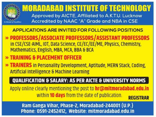 Assistant Professor and Placement Officer Vacancies at Moradabad Institute of Technology Moradabad 2026