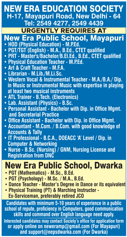HOD Physical Education and Staff Vacancies at New Era Public School Delhi 2026