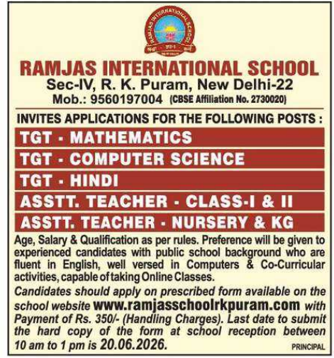 Hindi and Primary Teacher Vacancies at Ramjas International School Delhi 2026