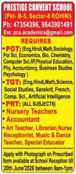 PRT and Staff Vacancies at Prestige Convent School Rohini Delhi 2026