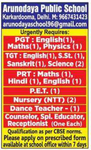 NTT and Staff Vacancies at Arunodaya Public School Karkardooma Delhi 2026