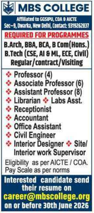 Assistant Professor and Staff Vacancies at MBS College Dwarka Delhi 2026