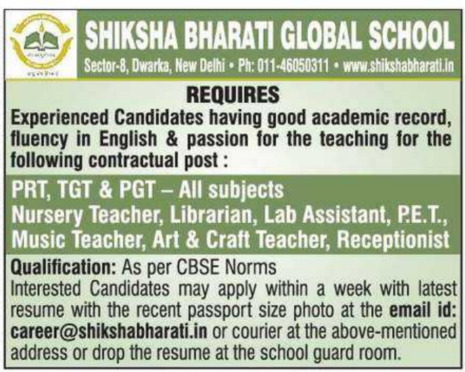 PGT and Staff Vacancies at Shiksha Bharati Global School Dwarka Delhi 2026