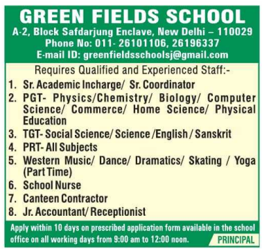 PRT and Staff Vacancies at Green Fields School Safdarjung Enclave Delhi 2026