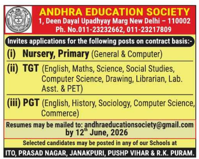 PGT and Staff Vacancies at Andhra Education Society Delhi 2026