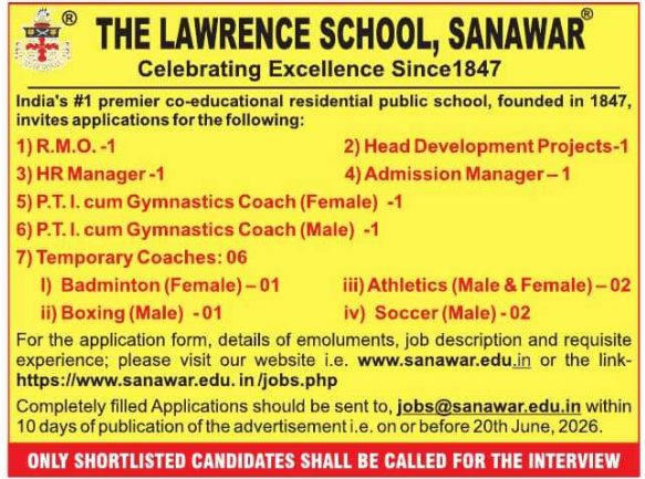 Admission Manager RMO and Sports Coach Vacancies at The Lawrence School