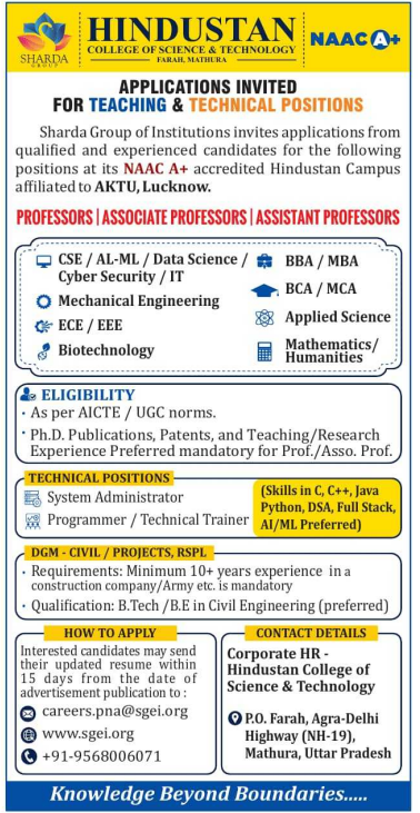 Assistant Professor and Technical Staff Vacancies at Hindustan College of Science & Technology Uttar Pradesh 2026