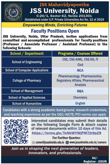 Professor Associate Professor and Assistant Professor Vacancies at JSS University Noida 2026
