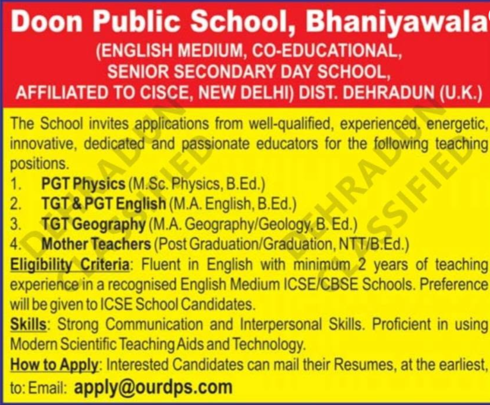 TGT Geography and Mother Teacher Vacancies at Doon Public School Bhaniyawala Dehradun 2026