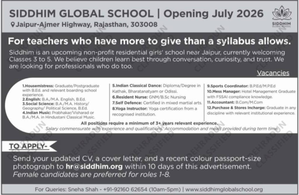 Faculty Nurse Sports Coordinator & Staff Vacancies at Siddhim Global School