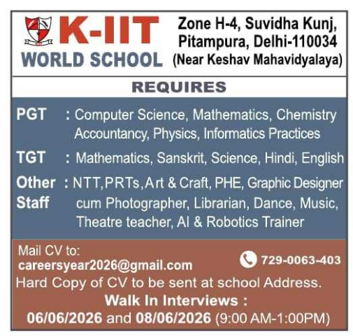 PRT and Staff Vacancies at KIIT World School Pitampura Delhi 2026