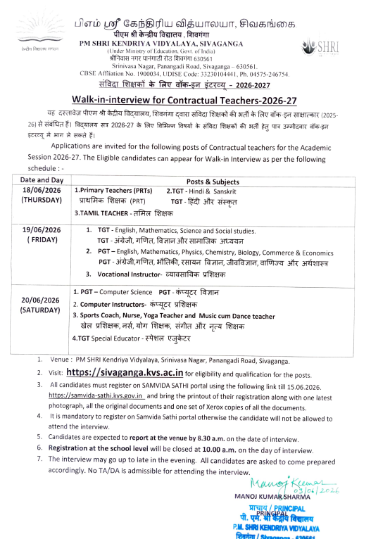 Kendriya Vidyalaya Sivaganga Recruitment 2026