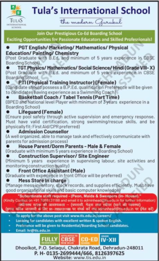 TGT PTI and Boarding School Staff Vacancies at Tula’s International School Dehradun 2026