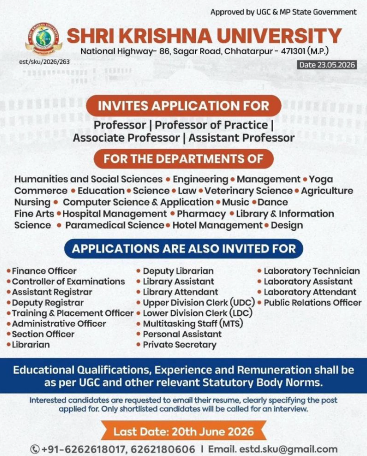 Associate Professor and Administrative Jobs at Shri Krishna University