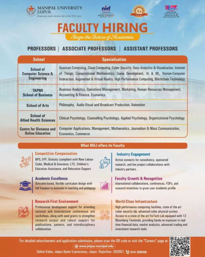 Associate Professor and Assistant Professor Recruitment at Manipal University Jaipur Rajasthan 2026