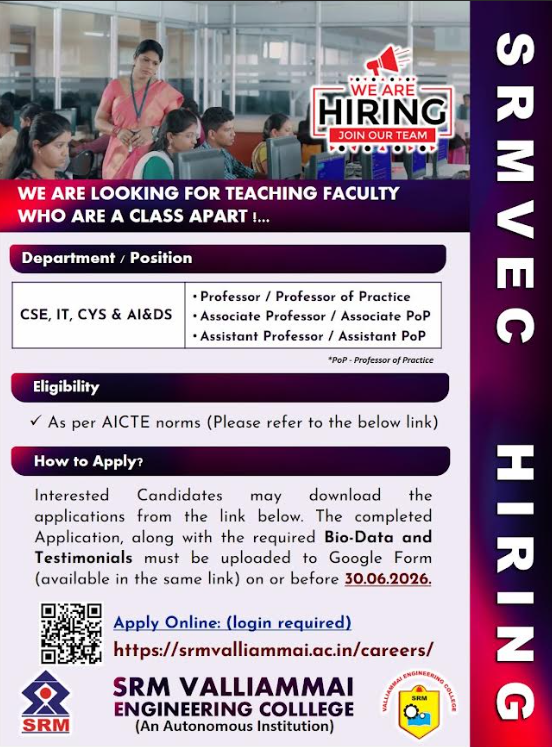 Associate Professor and Assistant Professor Recruitment at SRM Valliammai Engineering College Chennai 2026