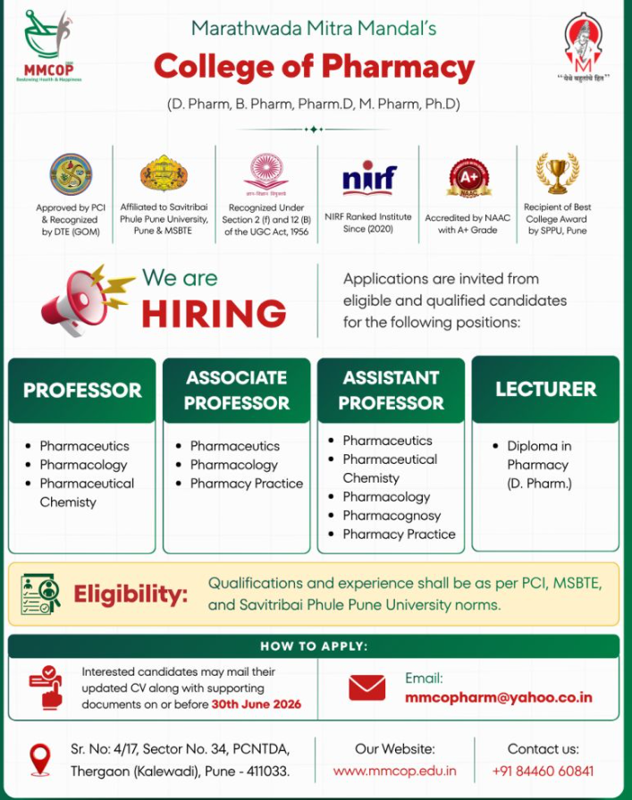 Assistant Professor and Lecturer Recruitment at Marathwada Mitra Mandal’s College of Pharmacy Pune 2026