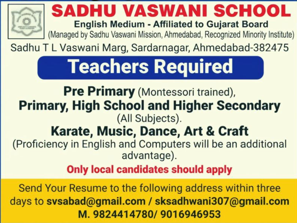 High School and Higher Secondary Teacher Vacancies at Sadhu Vaswani School Ahmedabad 2026