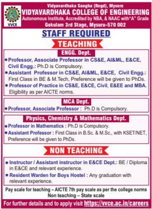 Associate Professor and Assistant Professor Vacancies at Vidyavardhaka College of Engineering