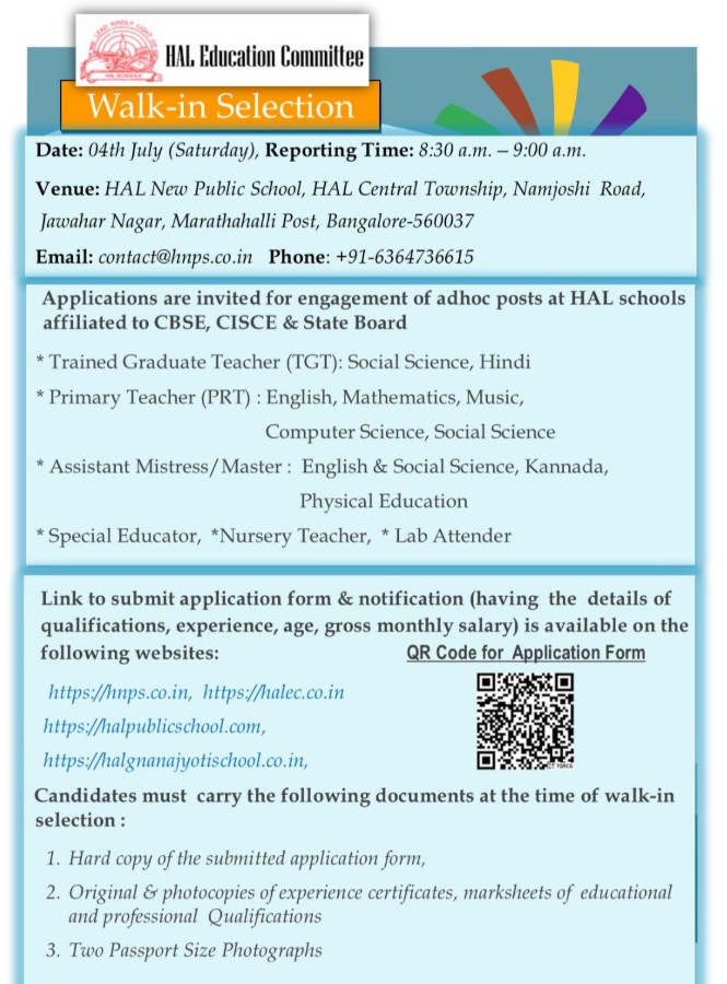 PRT Special Educator and Nursery Teacher Vacancies at HAL Schools Bangalore 2026