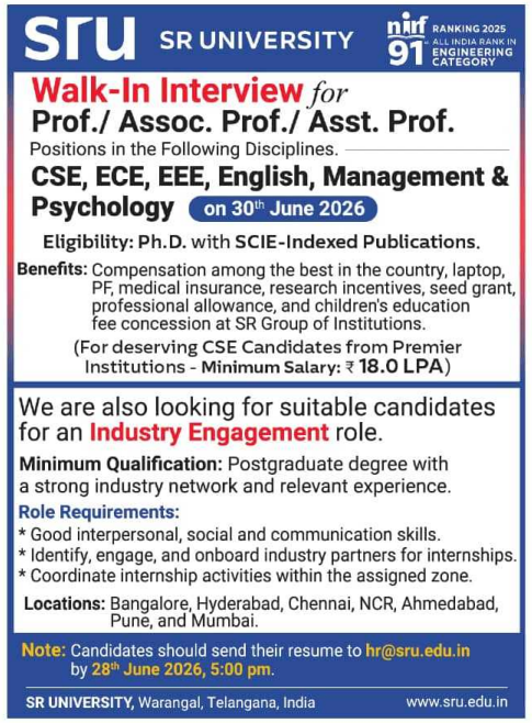 Associate Professor and Assistant Professor Vacancies at SR University Warangal 2026