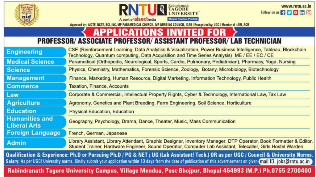 Assistant Professor and Lab Technician Vacancies at Rabindranath Tagore University Bhopal 2026