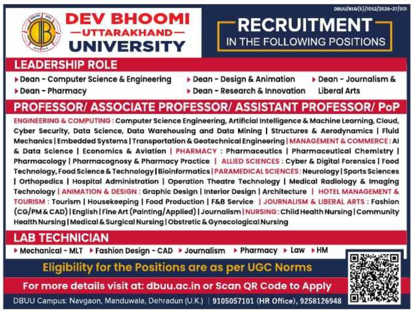 Associate and Assistant Professor Vacancies at Dev Bhoomi Uttarakhand University Dehradun 2026