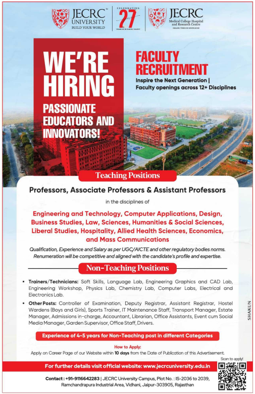 Assistant Professor and Non-Teaching Vacancies at JECRC University Jaipur 2026