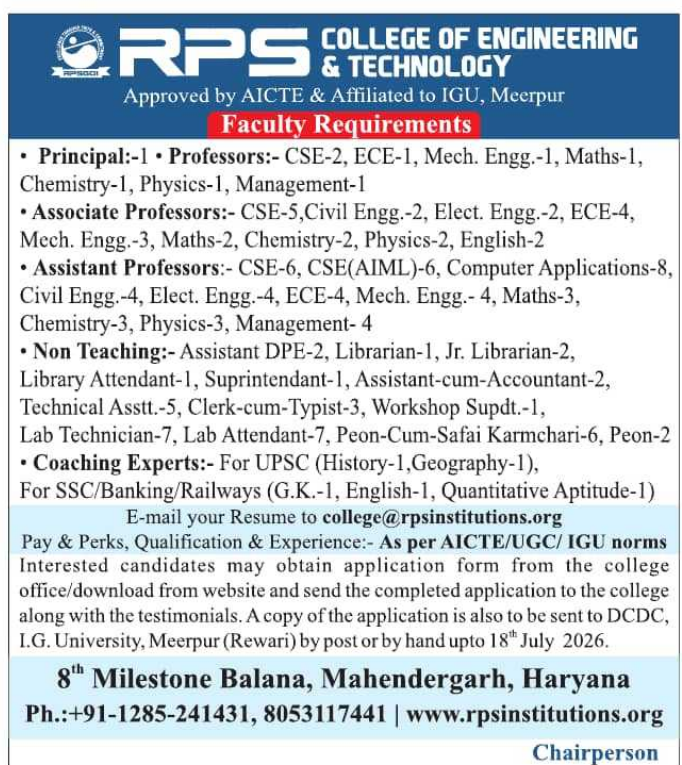 Associate and Assistant Professor Vacancies at RPS College of Engineering & Technology Mahendergarh Haryana 2026
