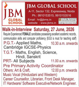 PRT and Cambridge Teacher Vacancies at JBM Global School Noida 2026