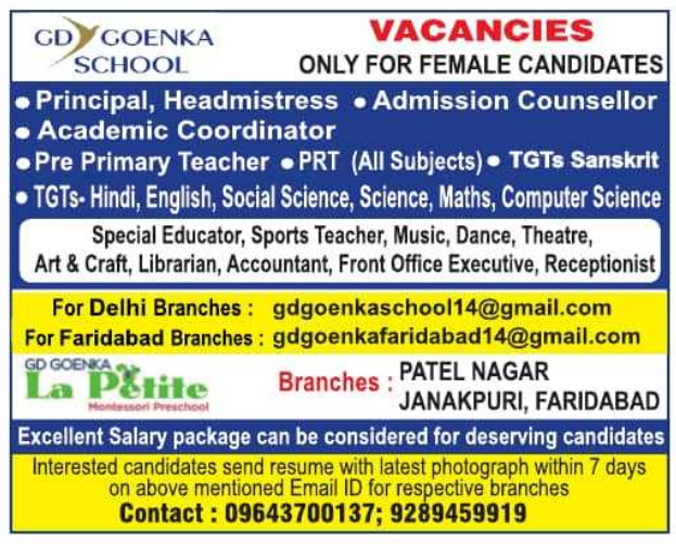 Principal and Female Teacher Vacancies at GD Goenka School Delhi & Faridabad 2026