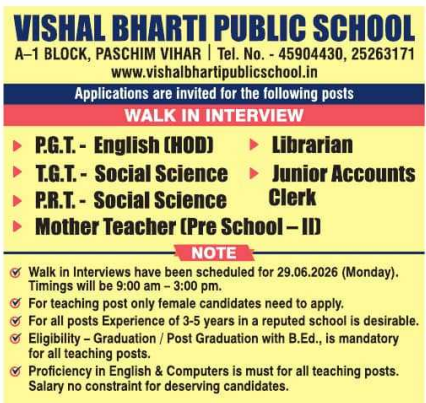 PRT Librarian and Junior Accounts Clerk Vacancies at Vishal Bharti Public School Delhi 2026