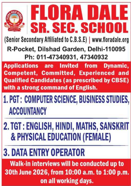 TGT and Data Entry Operator Vacancies at Flora Dale Sr. Sec. School Delhi 2026