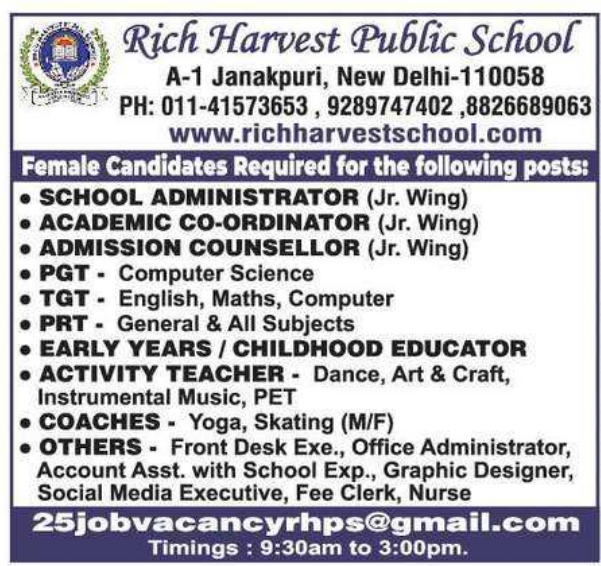 PRT and Academic Coordinator Vacancies at Rich Harvest Public School Delhi 2026