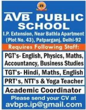 NTT and Academic Coordinator Vacancies at AVB Public School Delhi 2026