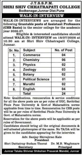 Shri Shiv Chhatrapati College Assistant Professor Recruitment 2026