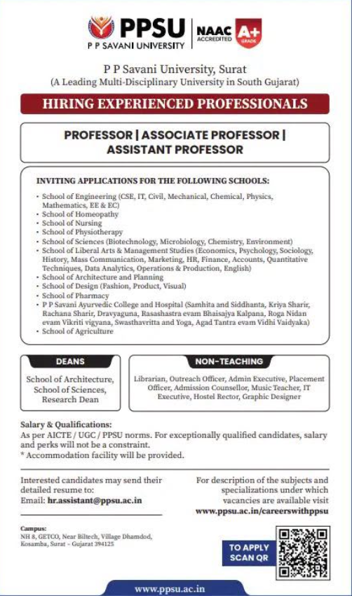 P P Savani University Faculty Recruitment 2026