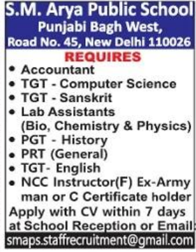 PRT Lab Assistant and Accountant Vacancies at S.M. Arya Public School Delhi 2026