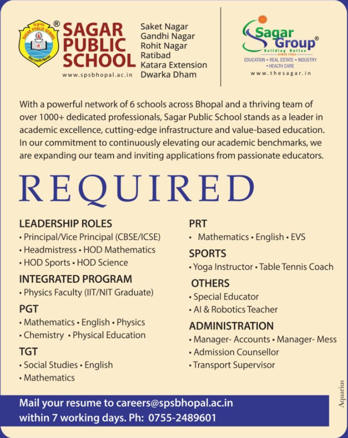 Sagar Public School Bhopal Recruitment 2026