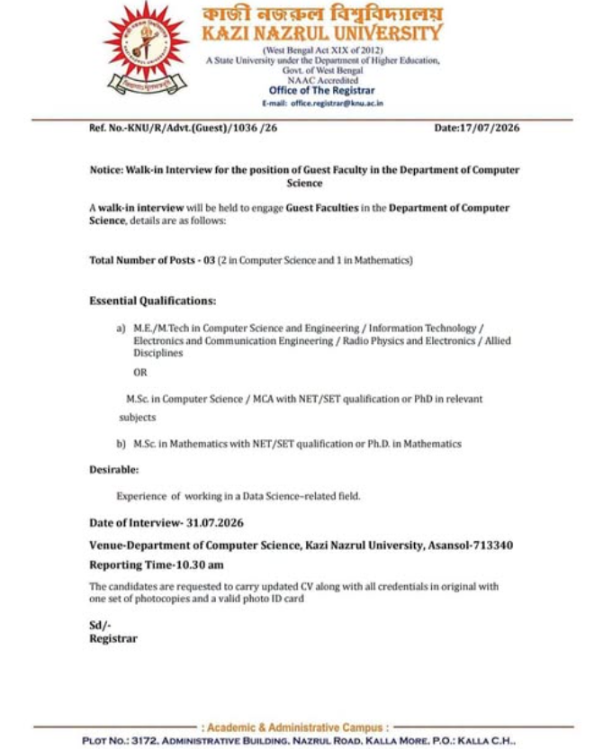 Kazi Nazrul University Guest Faculty Recruitment 2026