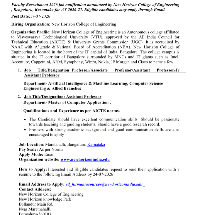 New Horizon College of Engineering Recruitment 2026