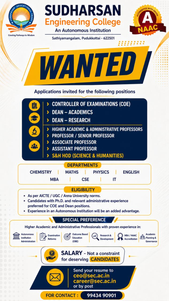 Sudharsan Engineering College Pudukkottai Recruitment 2026