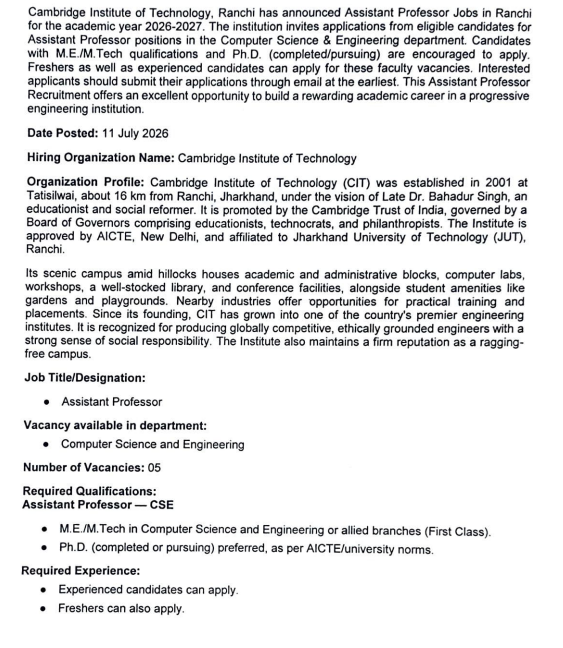 Cambridge Institute of Technology Ranchi CSE Assistant Professor Recruitment 2026